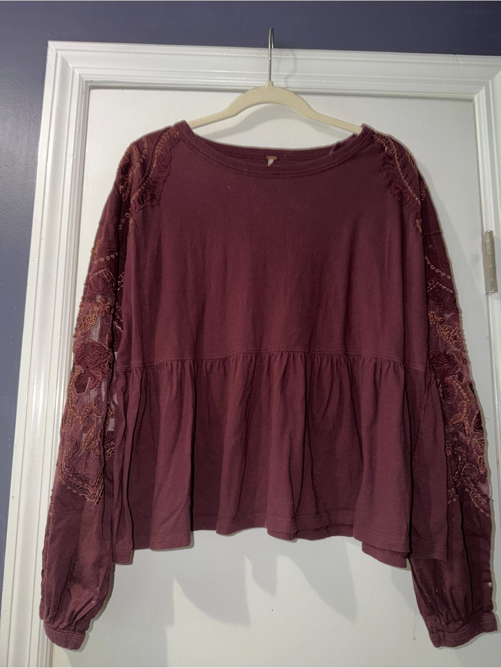 Free People Burgundy Embroidered Peplum Top